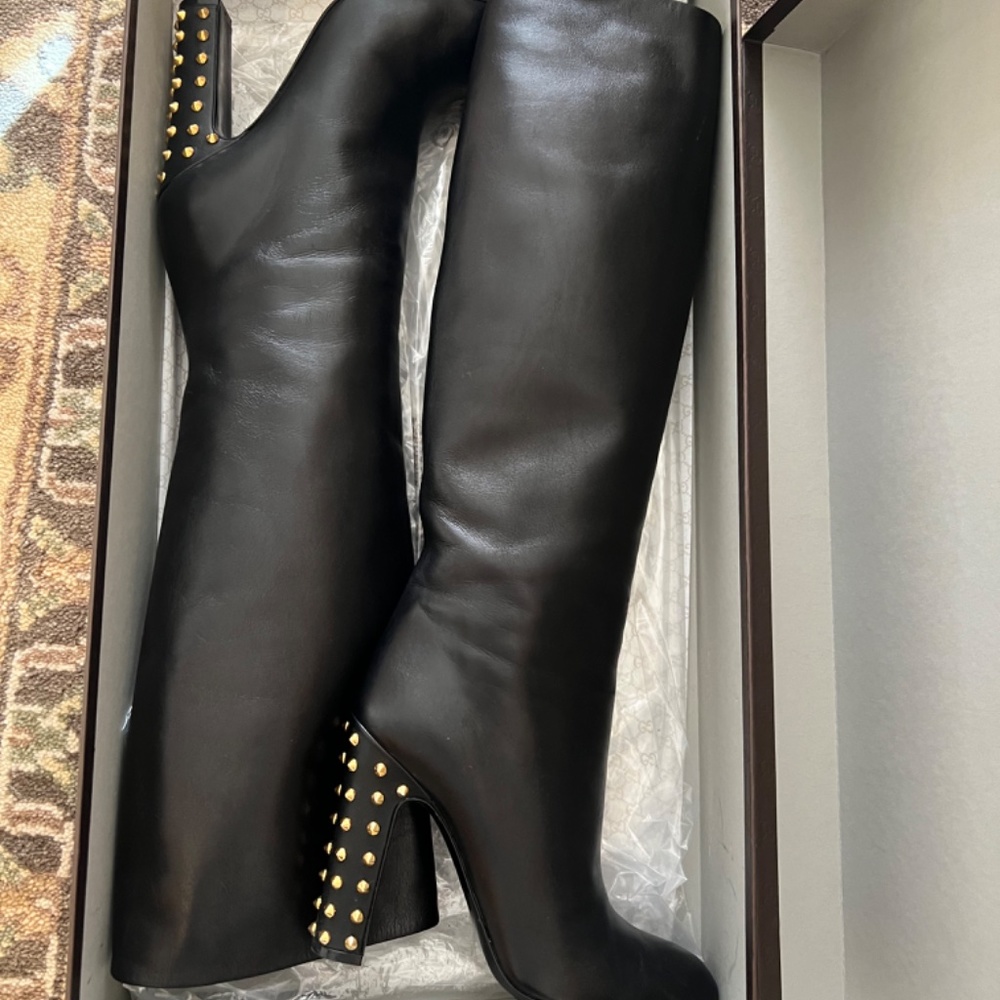 GUCCI Rodano black leather gold studded heel boots - Picture 9 of 14